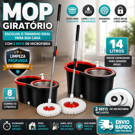 Mop C/ cabo de 140 cm + 2 Refis - Rodinhas e Cesto Em Inox - Balde Centrífuga