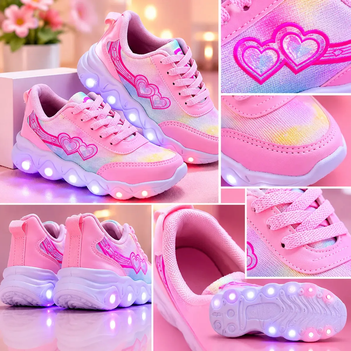 Tênis Infantil Led Coração Casual Rosa Meninas Princesas