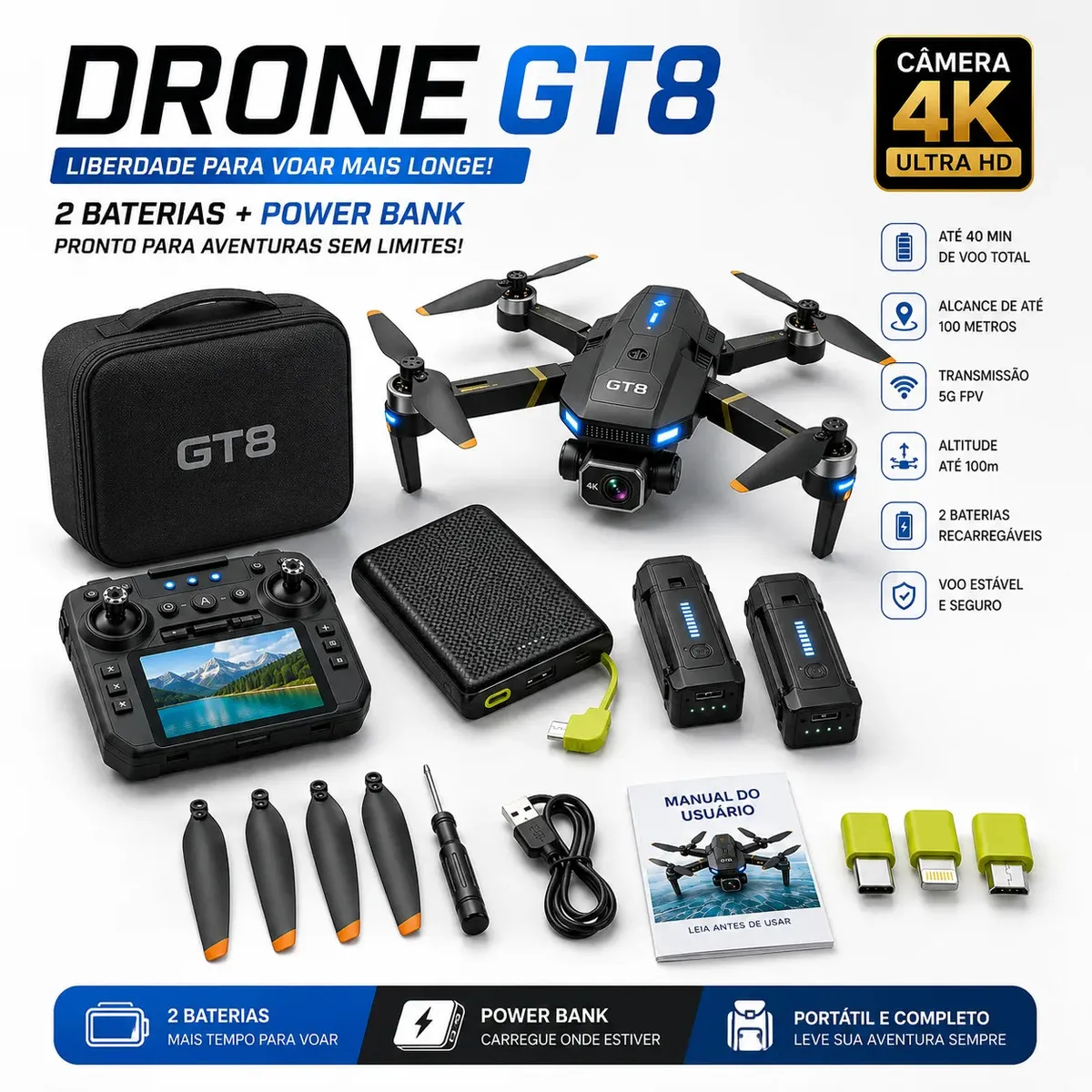 Drone Profissional GT8 com Câmera 4K, Controle FPV e Pack de 2 Baterias