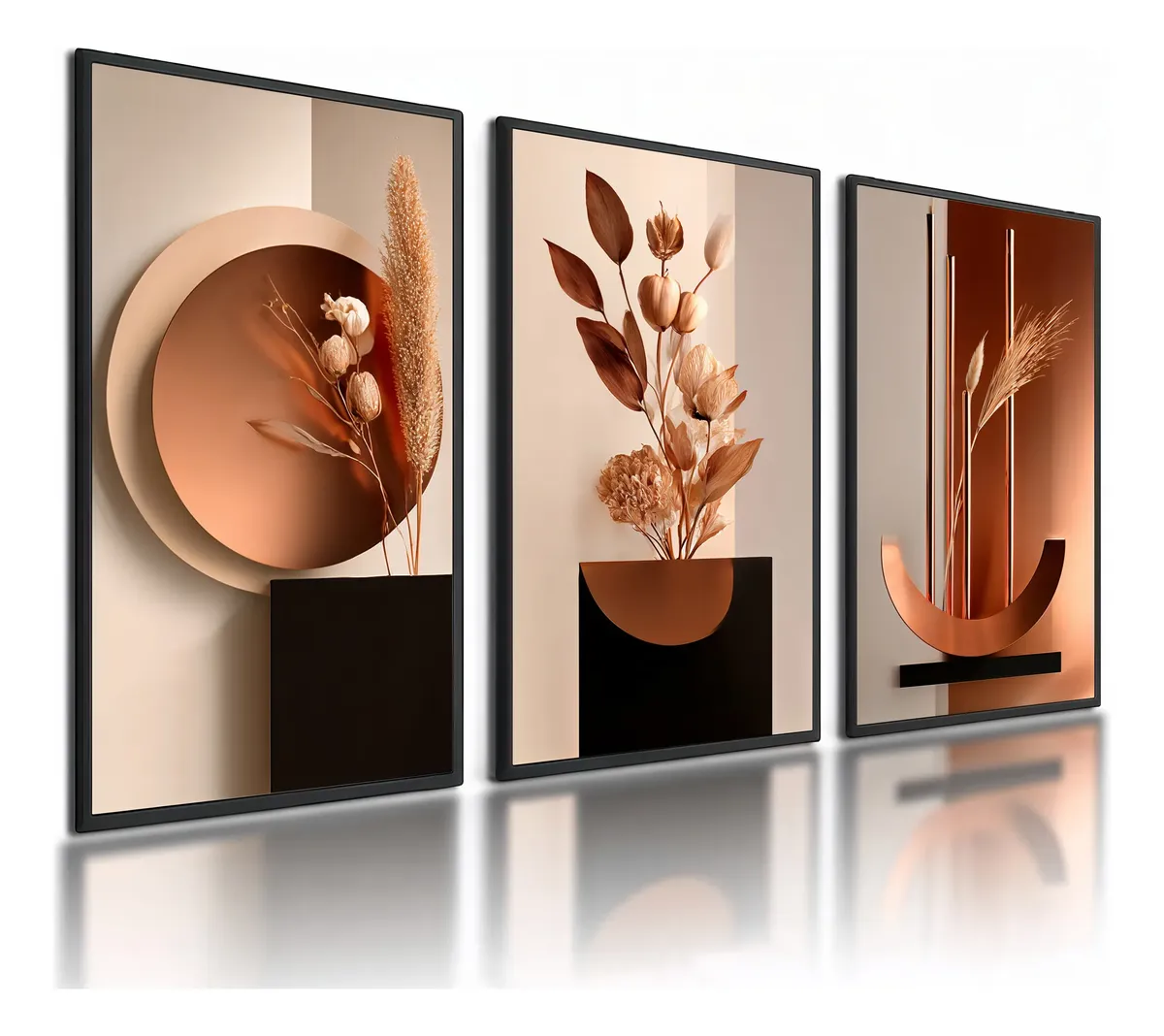 Kit 3 Quadros Decorativos Abstratos Florais Tons Terrosos