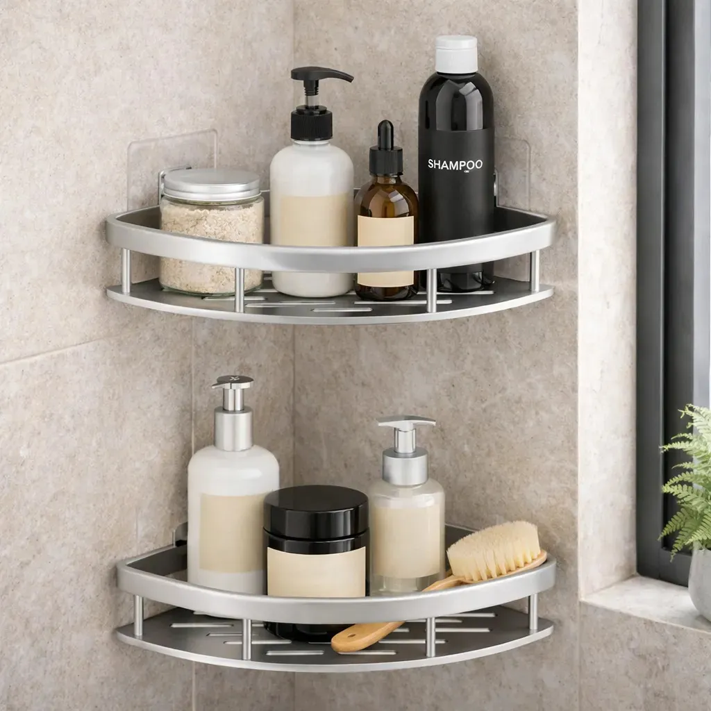 Kit 2 Suporte Banheiro Porta Shampoo Canto Prateleira Adesivo Prateado