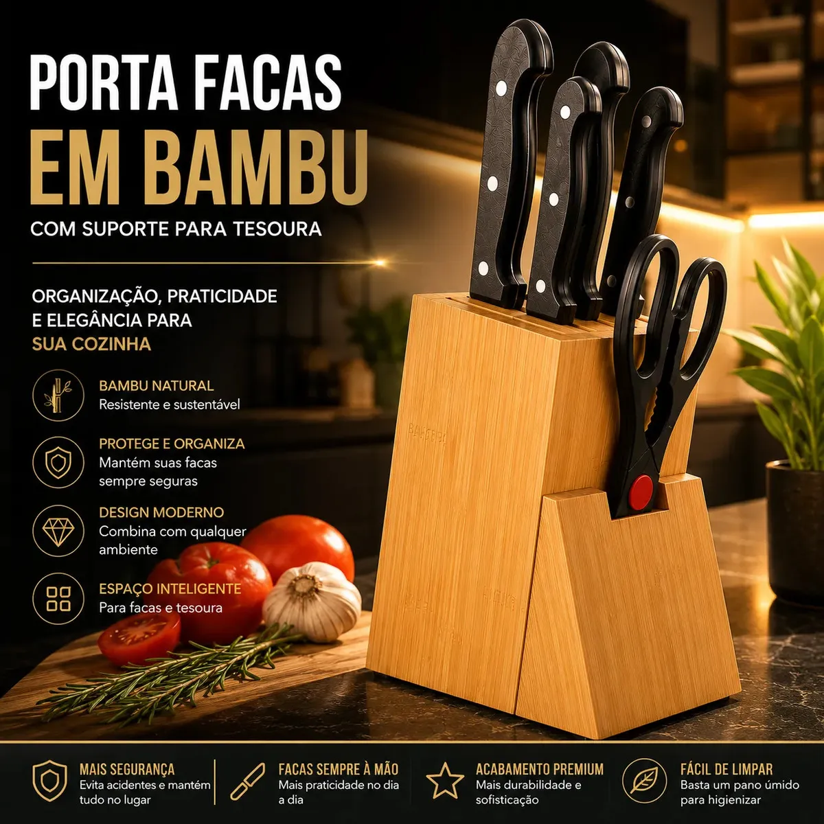 Porta Facas em Bambu Premium com Espaço Para Tesoura Cozinha Organizador Carneiri