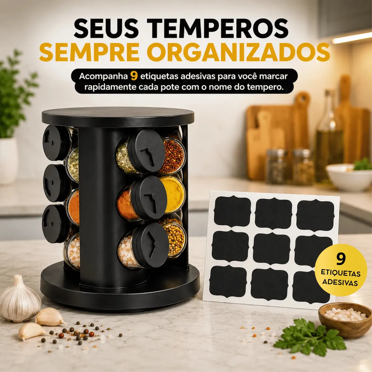 Porta Temperos Condimentos 9 Potes De Vidro Base Giratória 360°