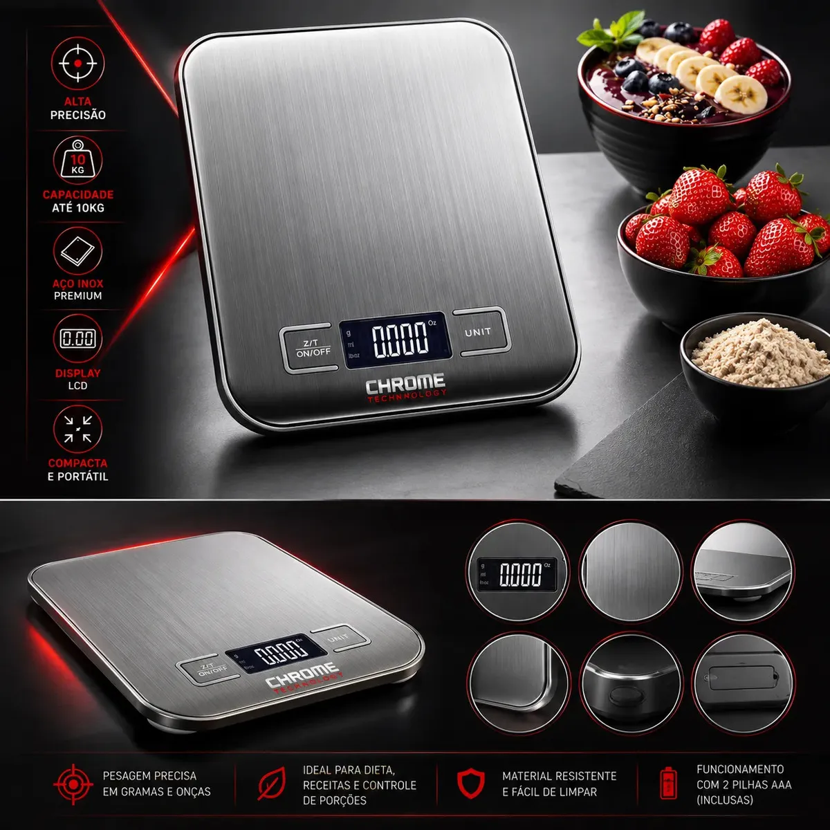 Balança Digital 10kg Aço Inox Para Cozinha E Dieta Pesar Alimentos Portátil De Alta Precisão Prateada A Pilha Chrome Technology