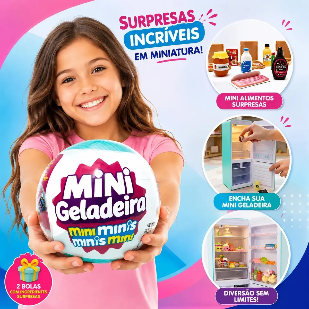 Kit 2 Bolas Brinquedo Surpresa Miniaturas Geladeira Mini