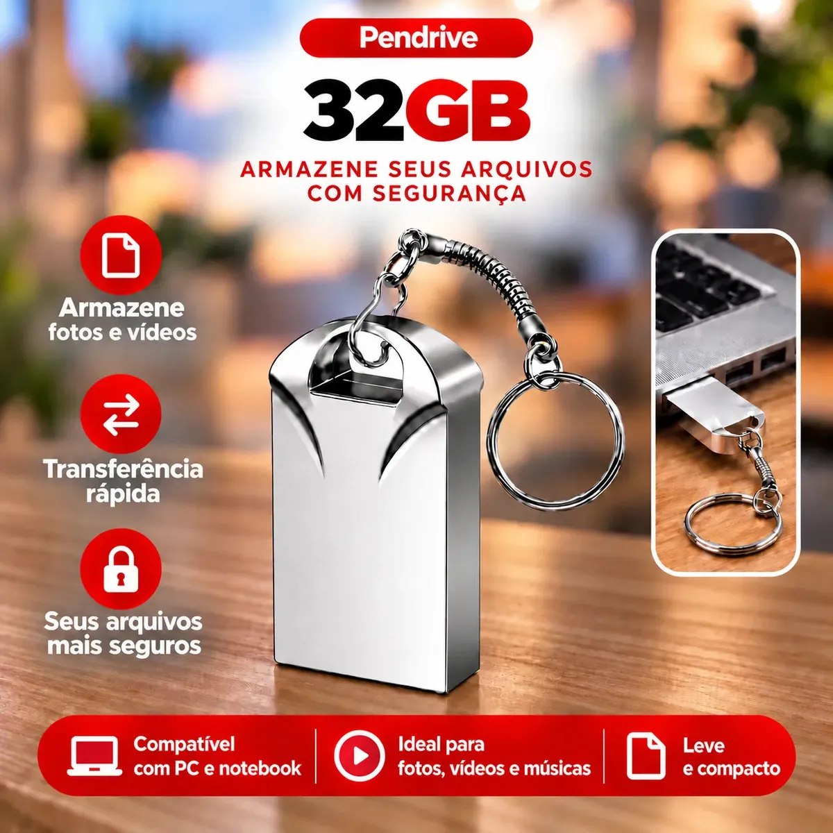 Pen Drive 32gb Mini Chaveiro Resistente Rápido Usb Metal Cor Prata Alta Velocidade Compatível Desktop Pc Notebook Som Automotivo Kateluo