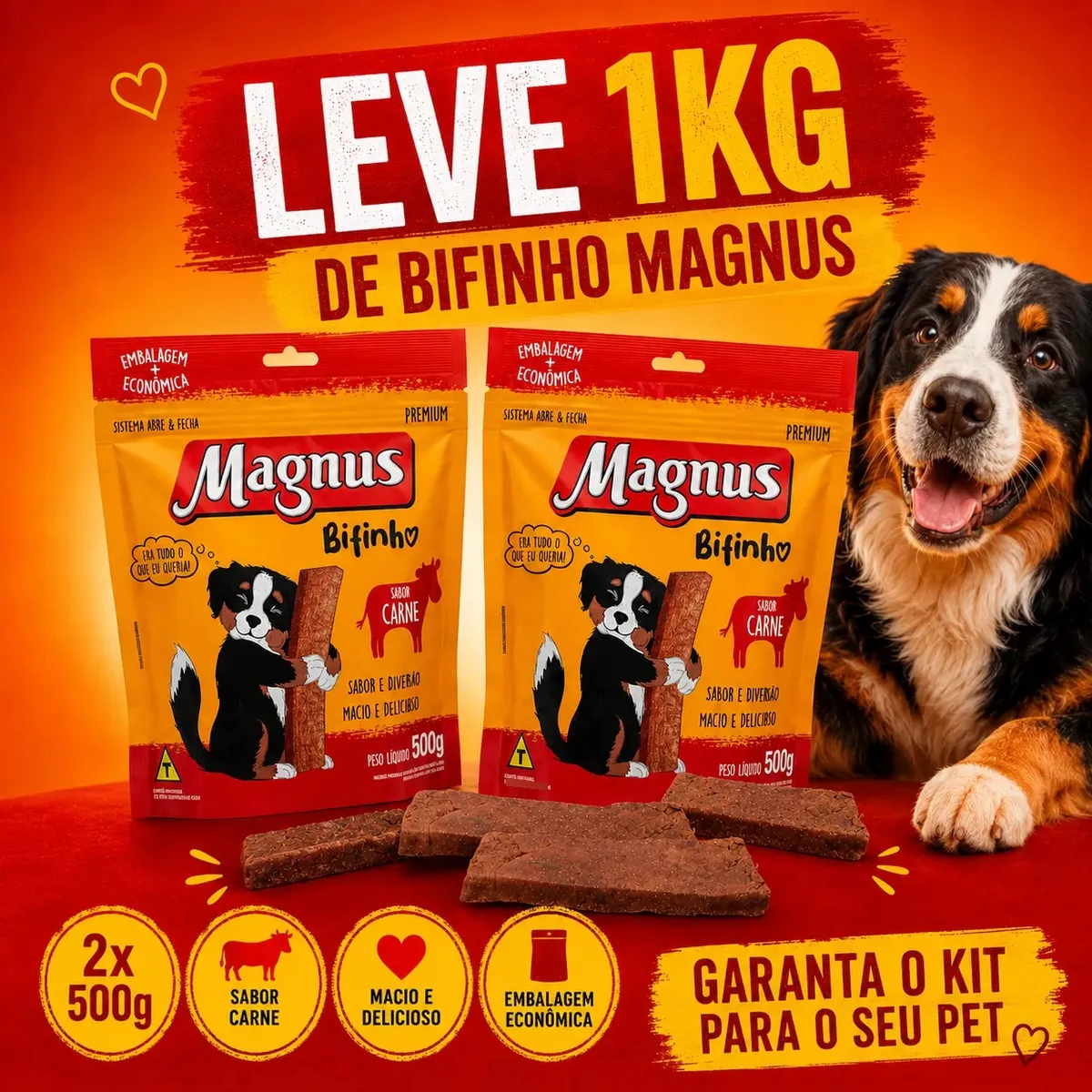 Bifinho Cães Kit Com 1kg - Petisco Magnus Sabor Carne