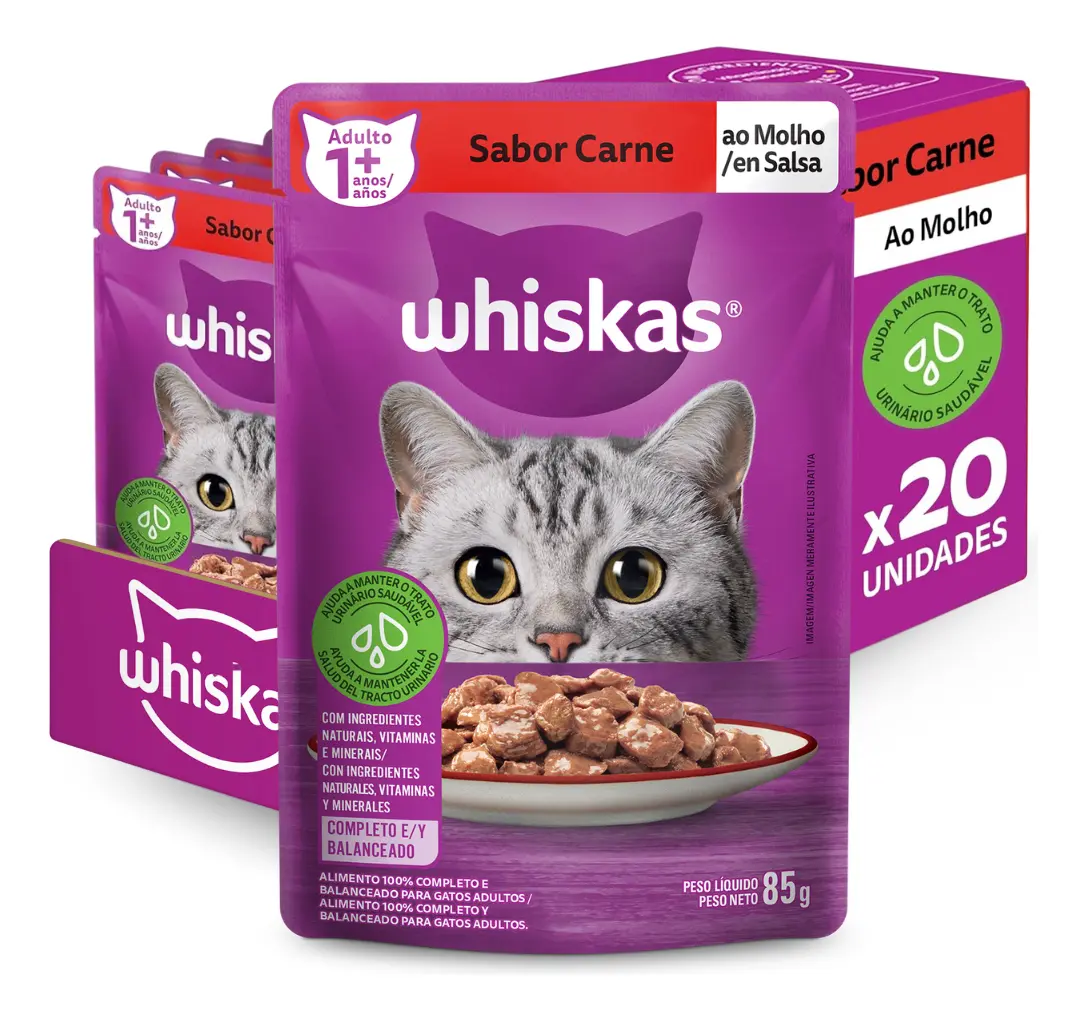 Whiskas Sachê Carne ao Molho para Gatos Adultos KIT 20 unidades de 85 g