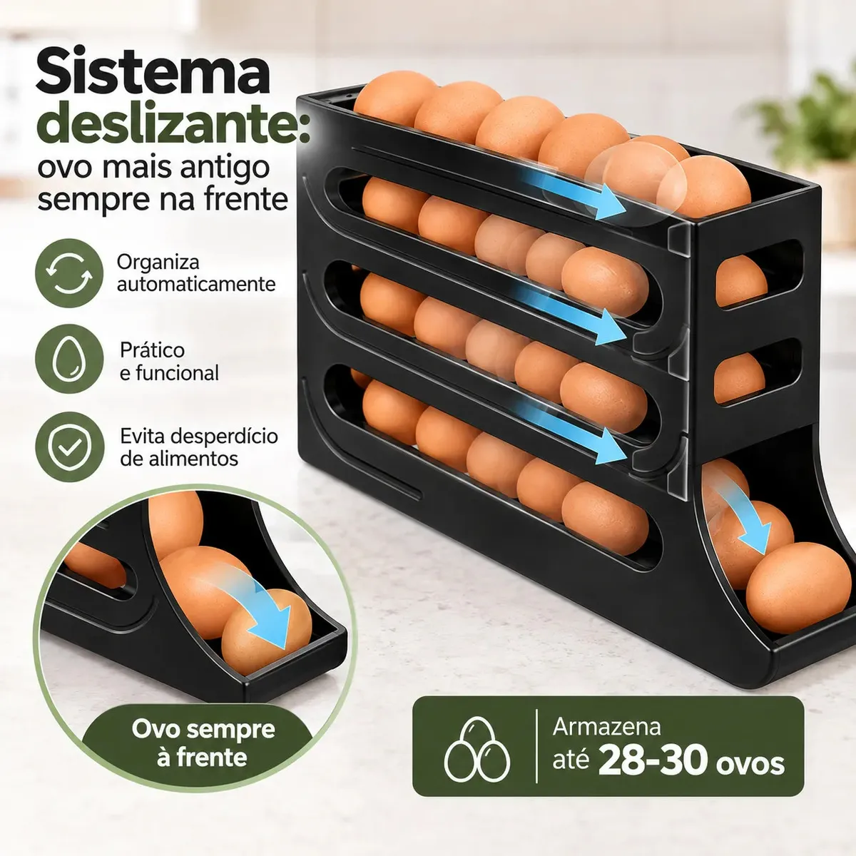 Porta Ovos Dispenser Organizador Geladeira 4 Andares Preto