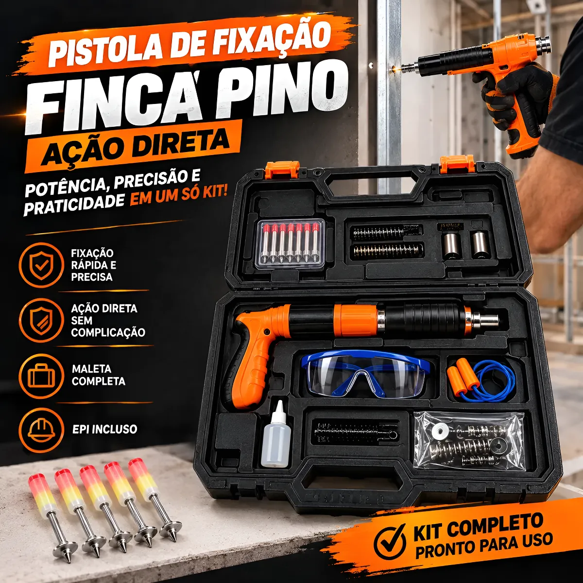 Pistola Finca Pinos 100 Pregos Fixação Ação Direta Pregador