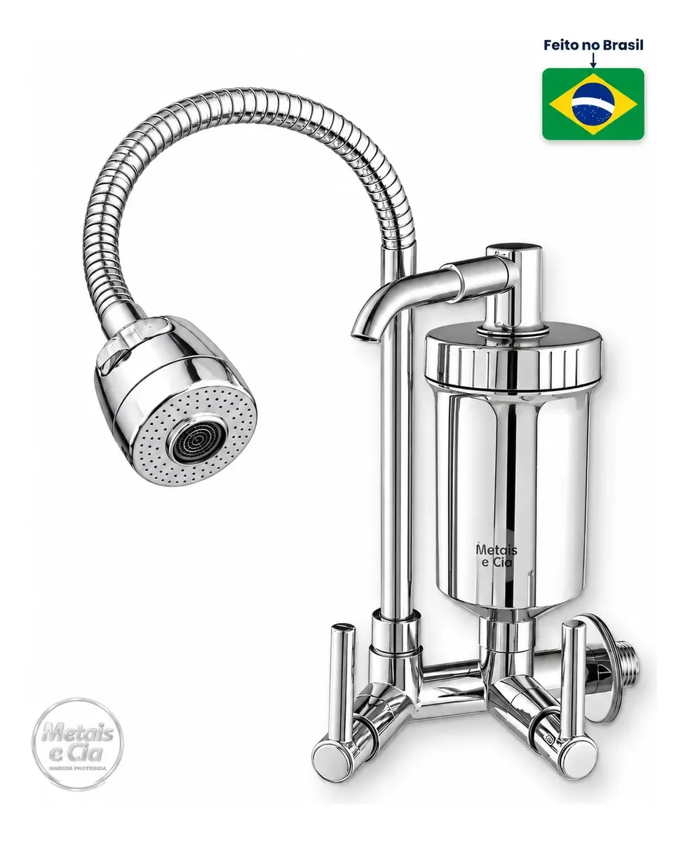 Torneira com Filtro Purificador de Agua. Gourmet Tubo Flexível e Bica Movel De 1/4 Volta Cromada.