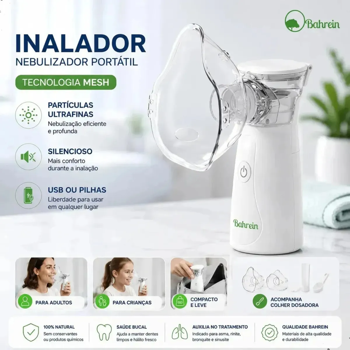 Inalador Nebulizador Portátil Bahrein Usb Pilha Silencioso Branco Aparelho Inalação Compacto Mesh Bivolt