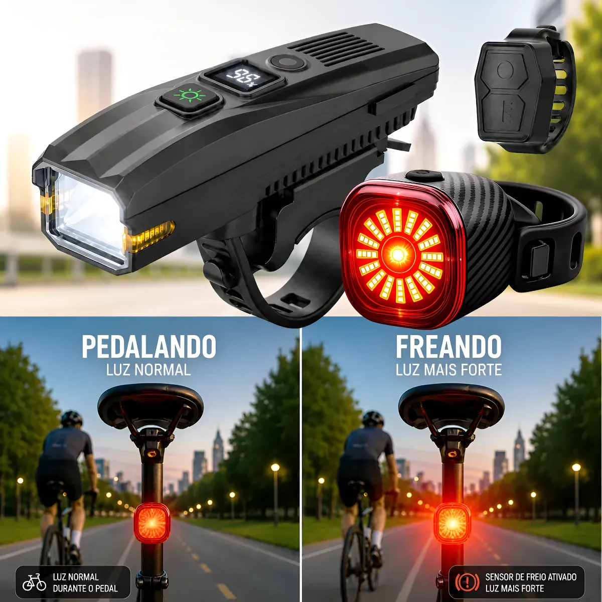 Kit Farol Bicicleta Bike Buzina Pisca Traseiro Sensor Freio