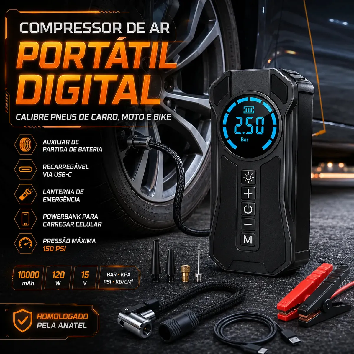 Bomba De Ar Manual B&G Portátil com Manômetro para Pneus