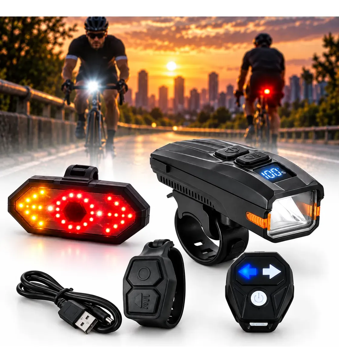 Kit Lanterna Bike Sinalizador Farol Buzina Seta Pisca Alerta