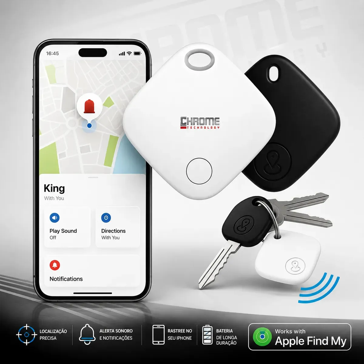 Mini Localizador Rastreador Smart Tag Gps Com Cordão Chaveiro Cor Preto Compatível Com iPhone Apple Chrome Technology