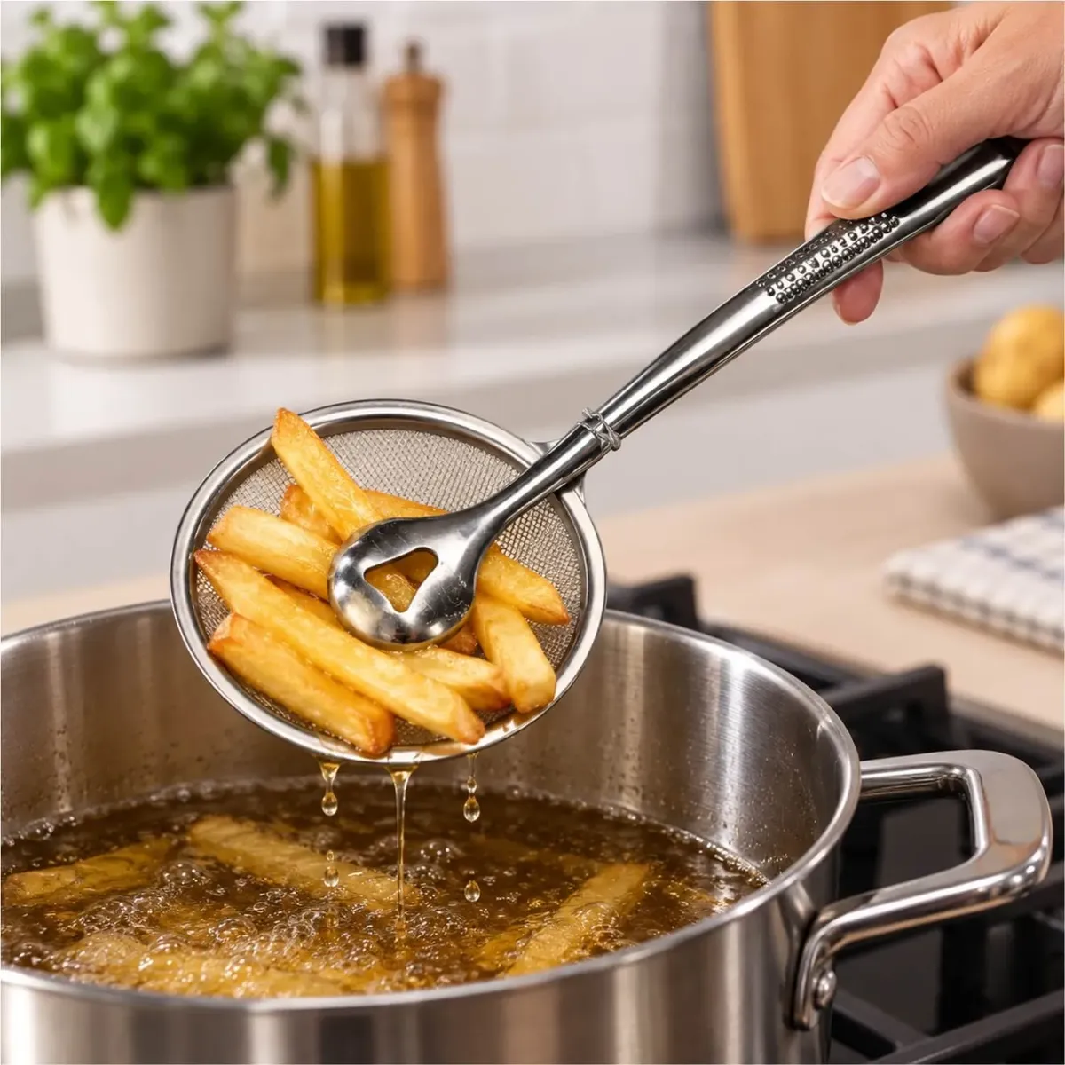 Escumadeira de Fritura Inox Top Chef Pegador Escorredor Óleo Prata