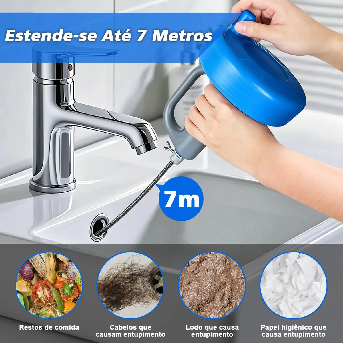 Desentupidor rotativo grande cano de aço de tanque lavanderia ralo pia limpeza banheiro pias 7m professional. Manivela multiuso manual