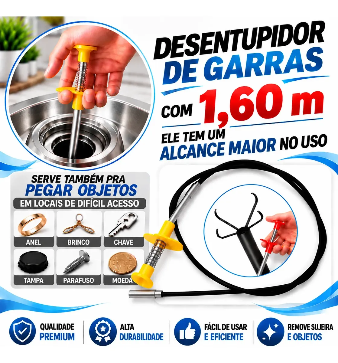 Desentupidor Limpador Pegador Garras 1,6m Pias Ralos Canos