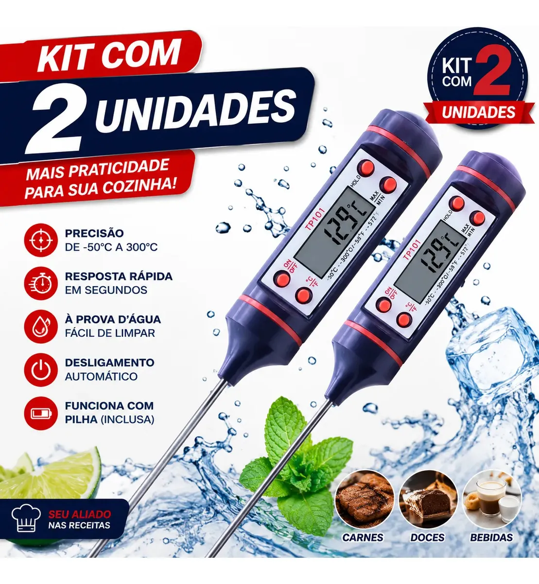 Kit de 2 Termômetros Culinários Digitais Velotec TP101 em Aço Inox para Alimentos, Carnes e Líquidos