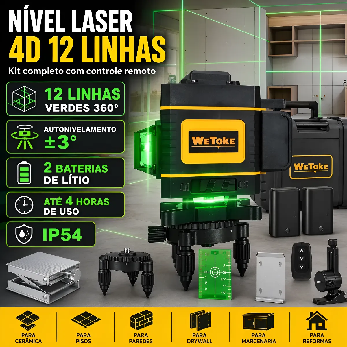 Nível Laser 4d Profissional 12 Linhas 360° Kit Completo