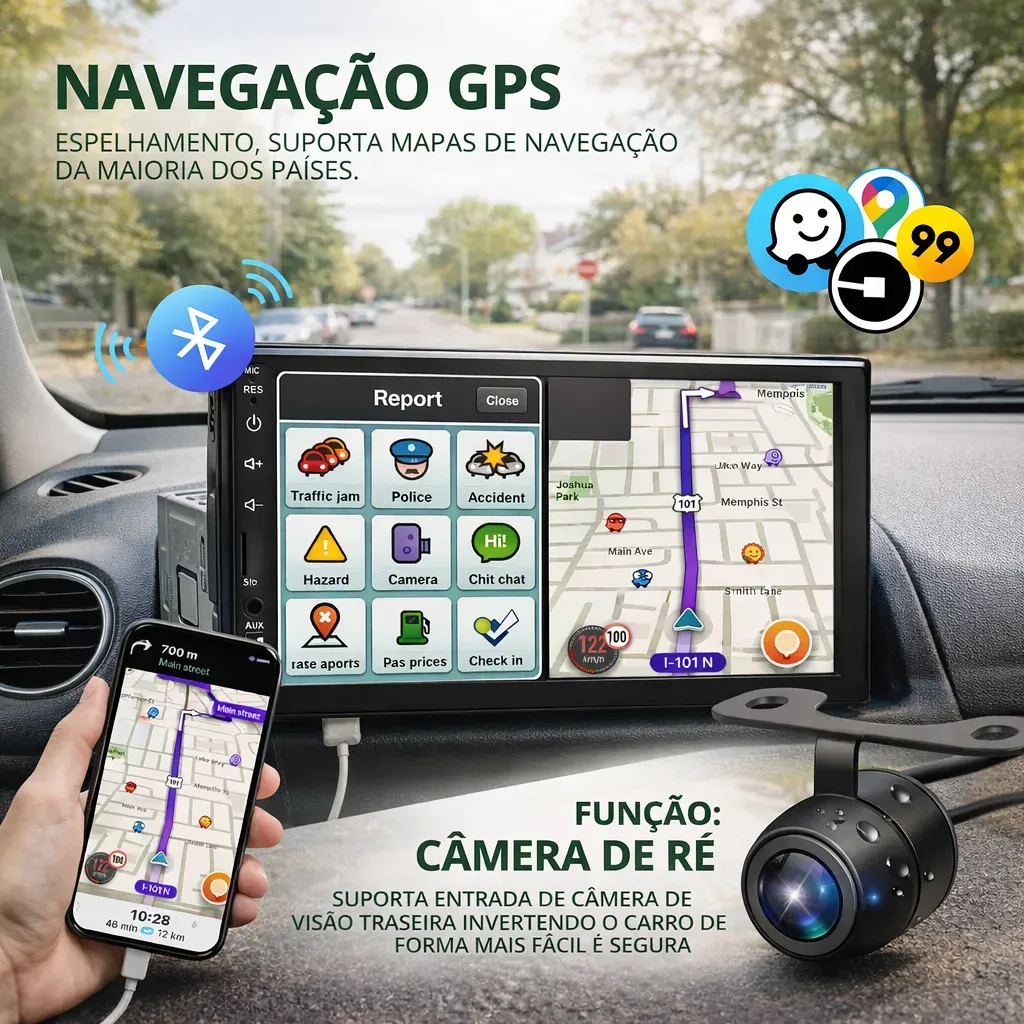 Central Multimídia Universal Mp5 1 Din 7 Espelha Dvd+ Cam